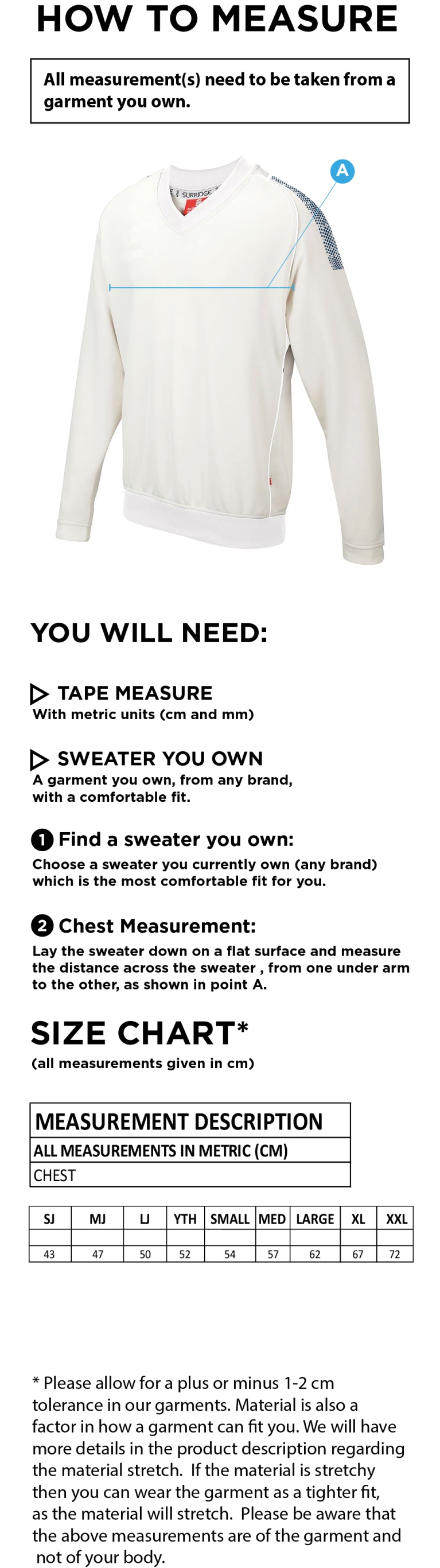 Eridge CC - Dual Long Sleeved Sweater - Size Guide