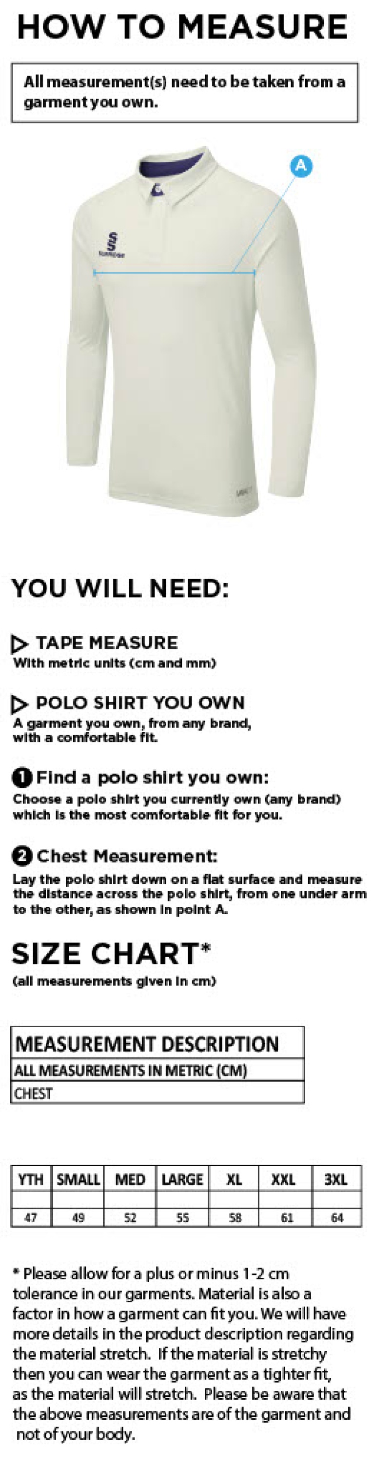 Eridge CC - Ergo L/S Shirt - Size Guide