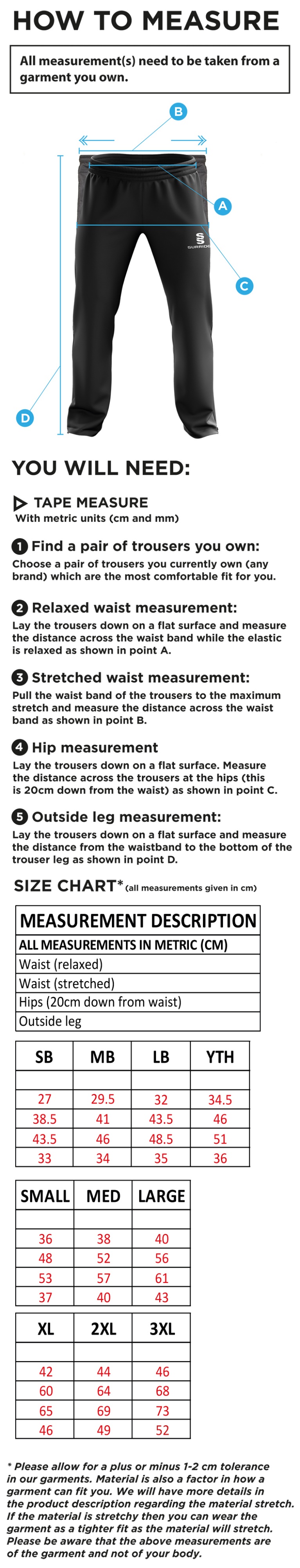 Eridge CC - Ripstop Track Pants - Size Guide