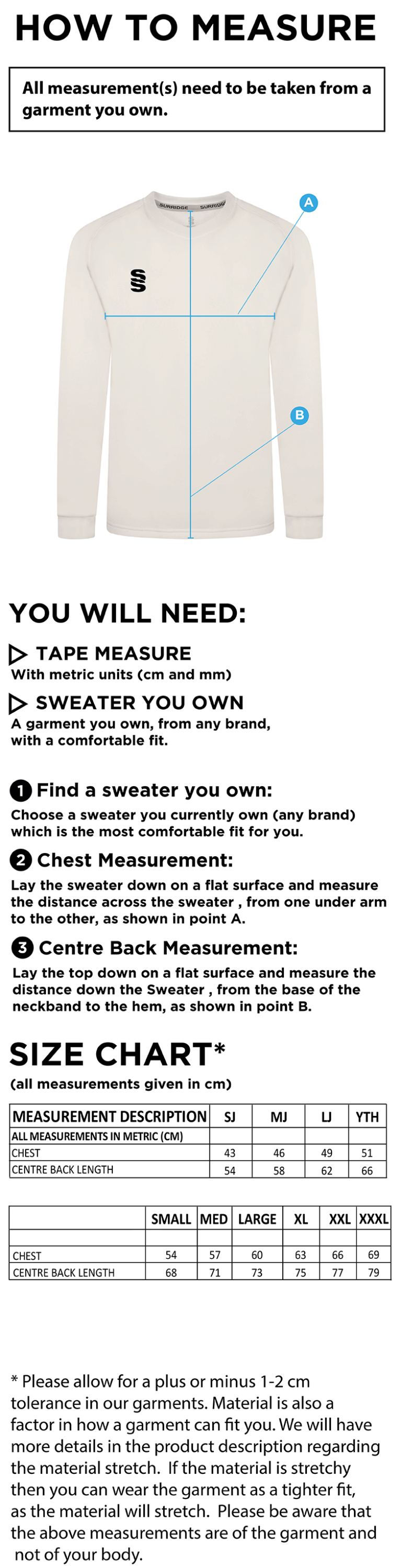Eridge CC Blast Long Sleeve Cricket Sweater - Size Guide