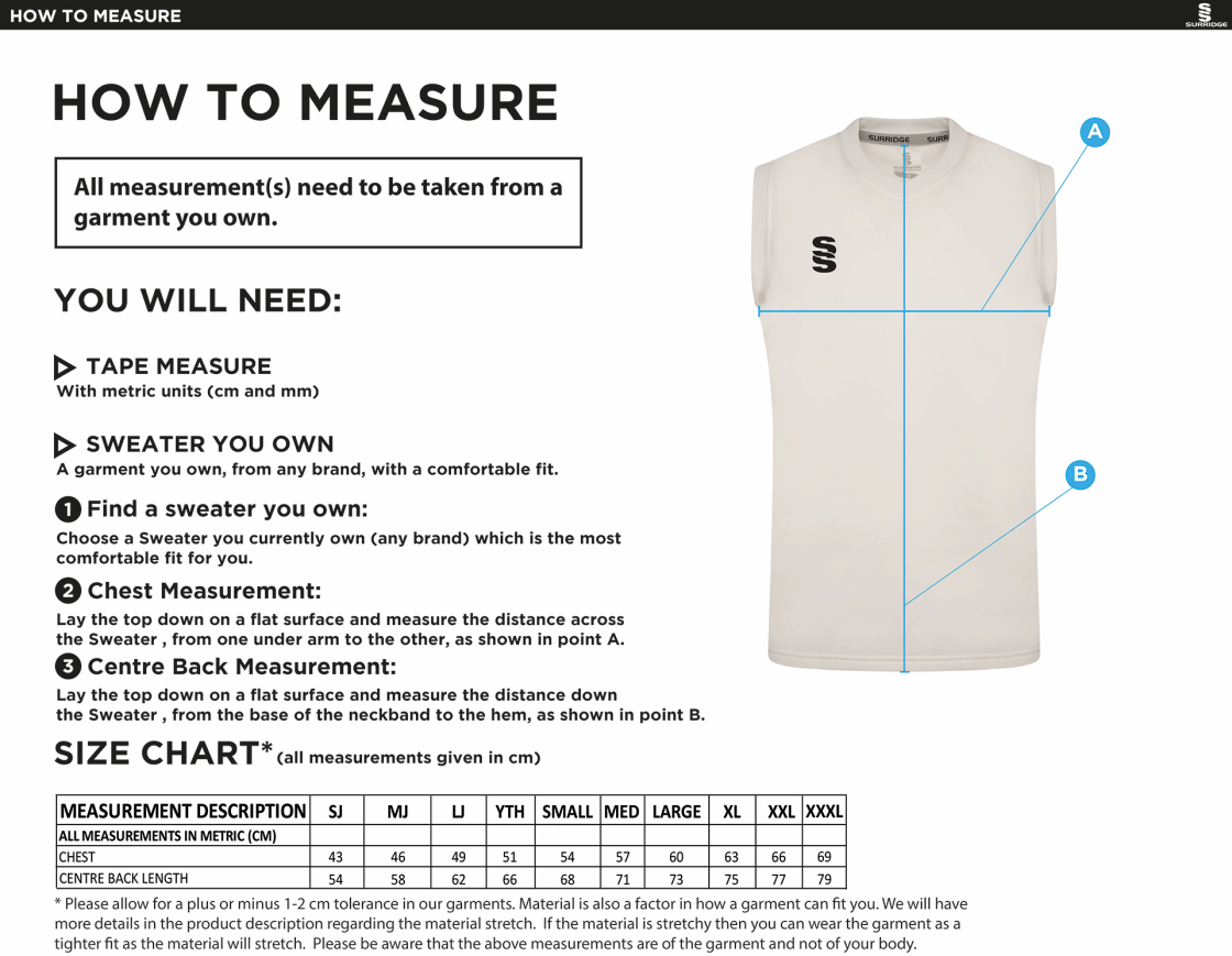 Eridge CC Blast Sleeveless Cricket Sweater - Size Guide