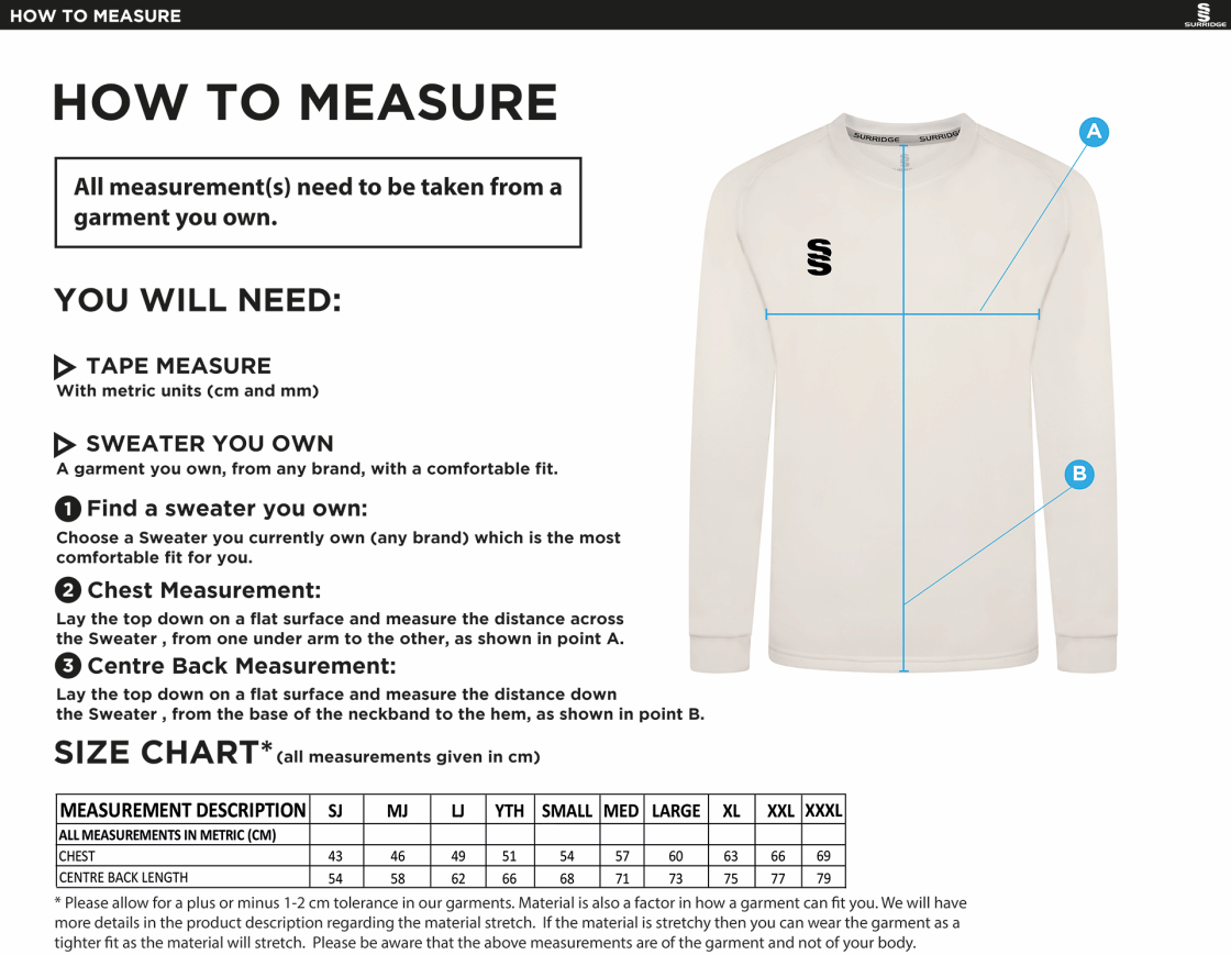 Eridge CC Blast Long Sleeve Cricket Sweater - Size Guide