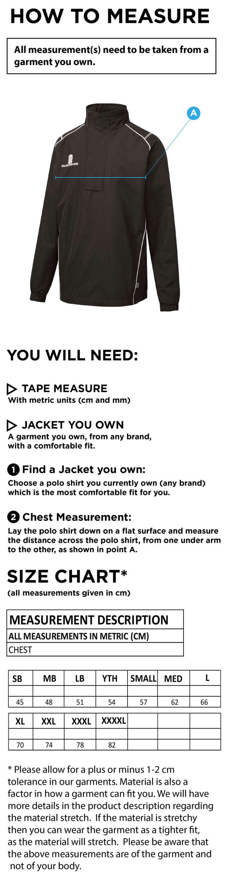 Eridge CC - Curve Rain Jacket - Size Guide