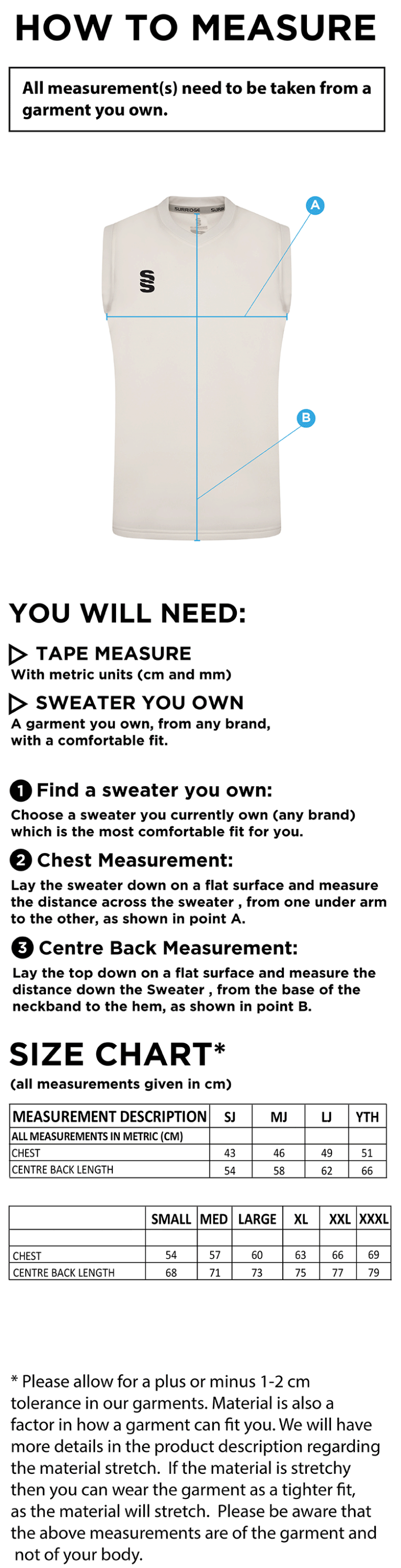Eridge CC Blast Sleeveless Cricket Sweater - Size Guide