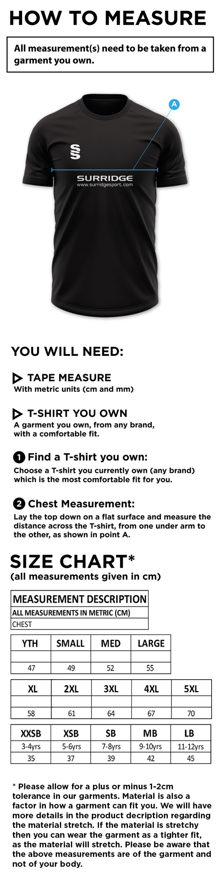 Eridge CC - Blade Training Shirt - Size Guide