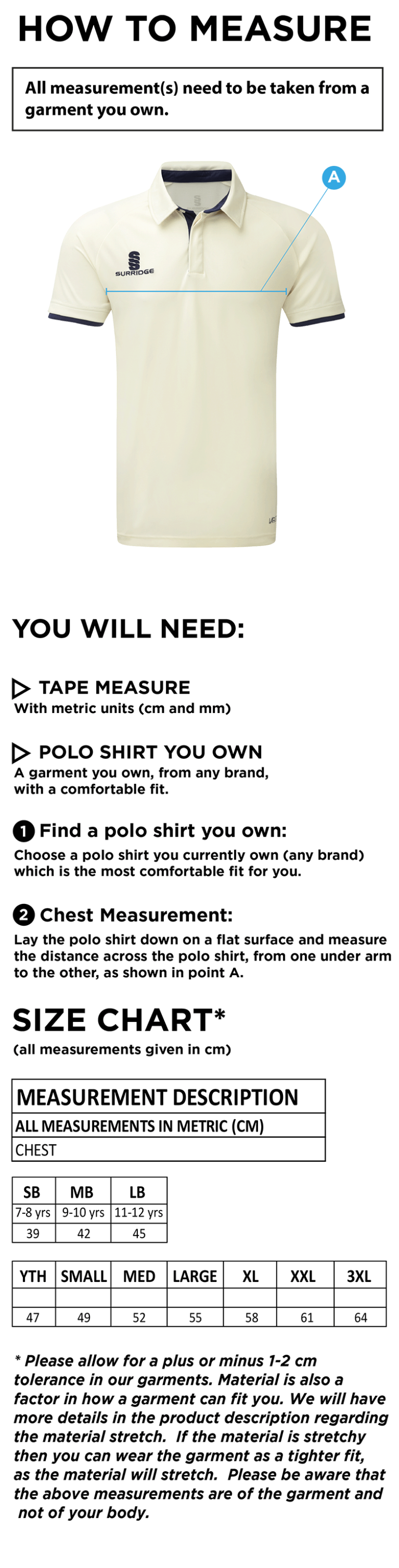 Eridge CC - Ergo S/S Shirt - Size Guide