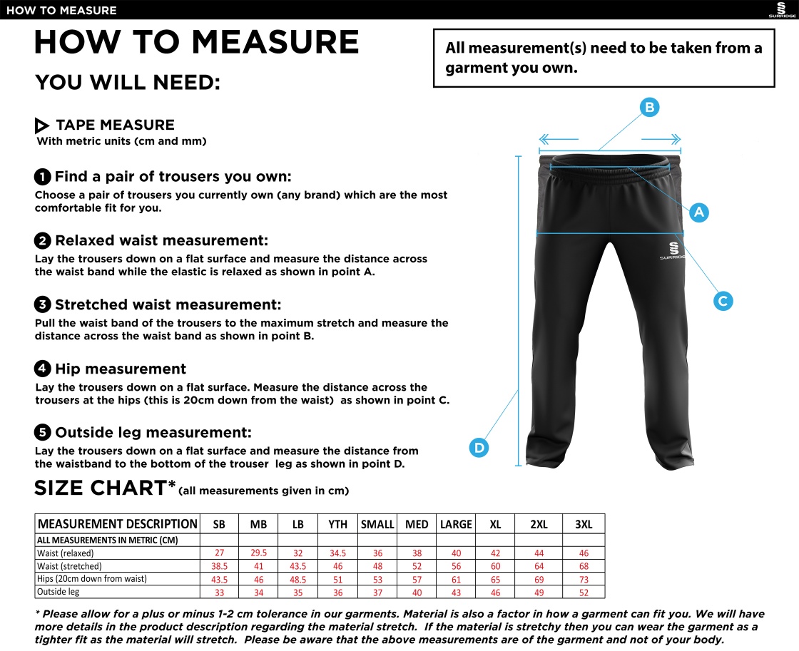 Eridge CC - Ripstop Track Pants - Size Guide