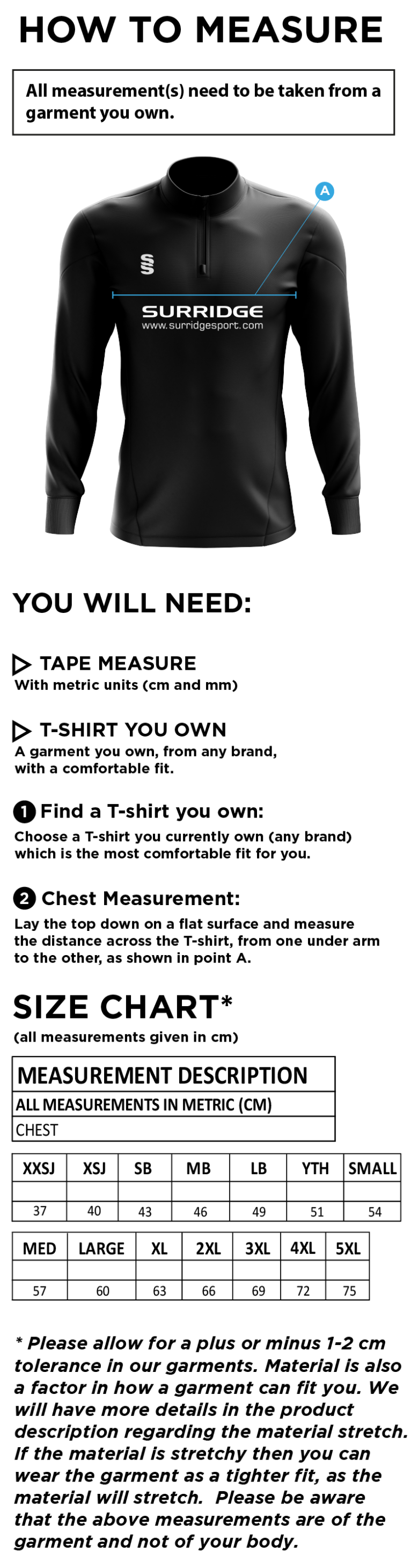 Eridge CC - Blade Performance Tops - Size Guide