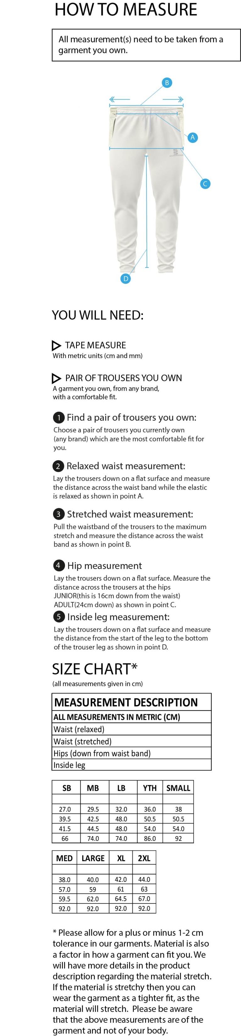 Eridge CC - Tek Playing Pants - Size Guide