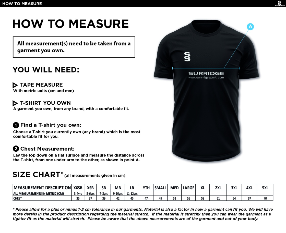 Eridge CC - Blade Training Shirt - Size Guide
