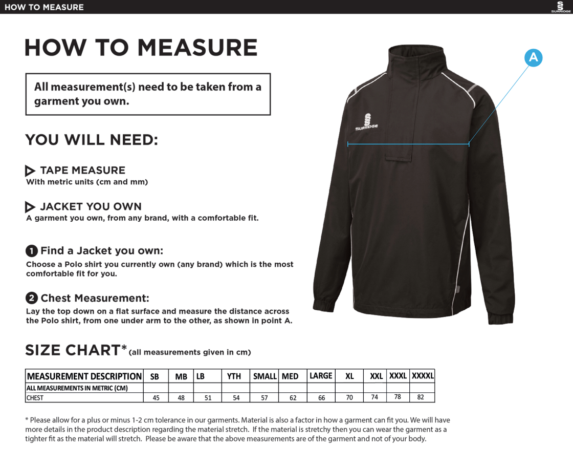 Eridge CC - Curve Rain Jacket - Size Guide