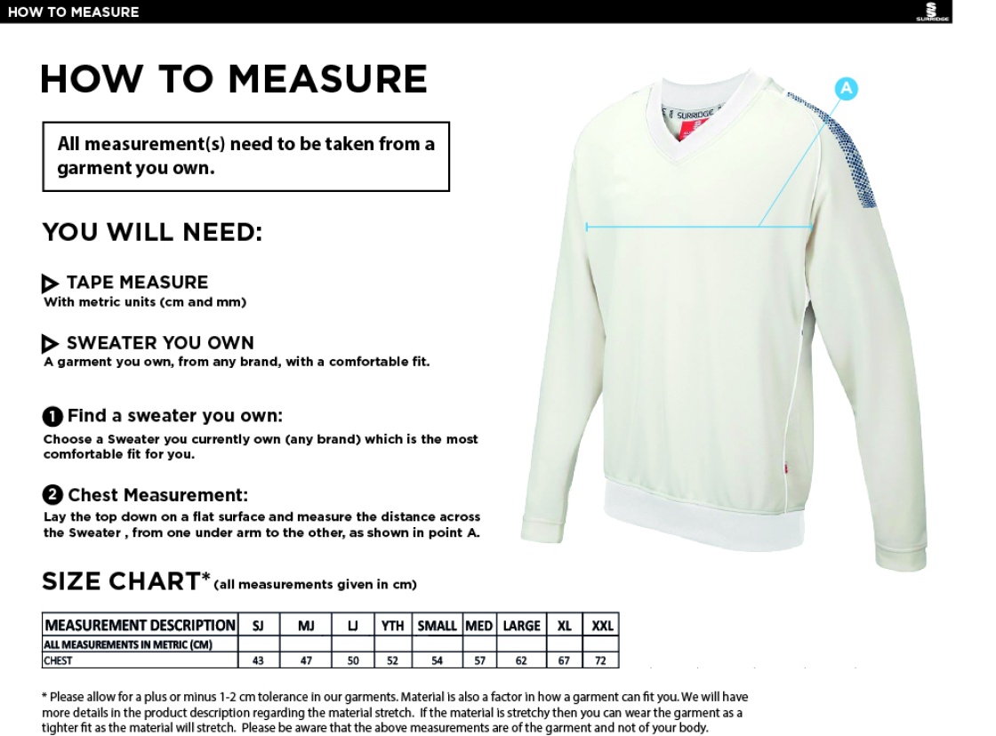 Eridge CC - Dual Long Sleeved Sweater - Size Guide