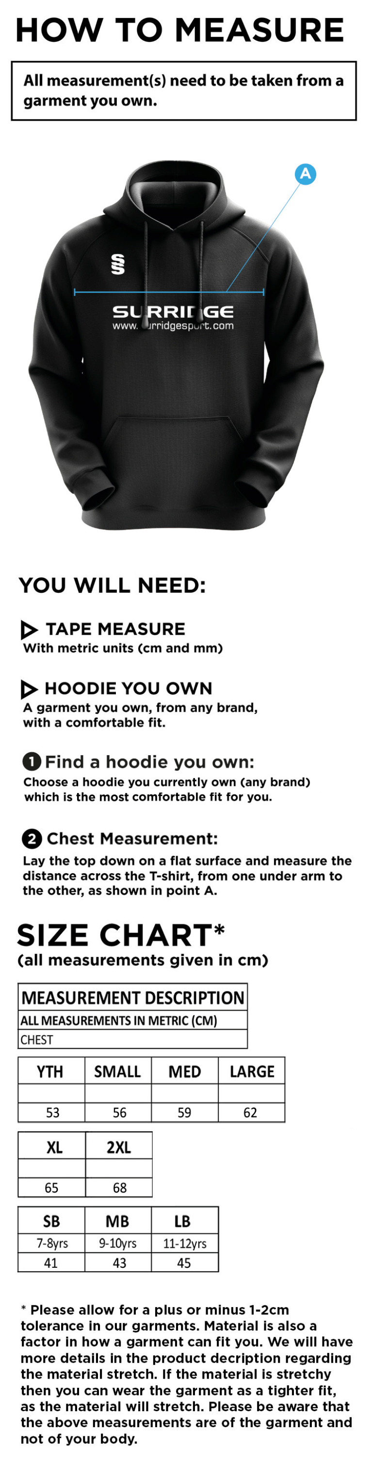 Eridge CC - Blade Hoody - Size Guide